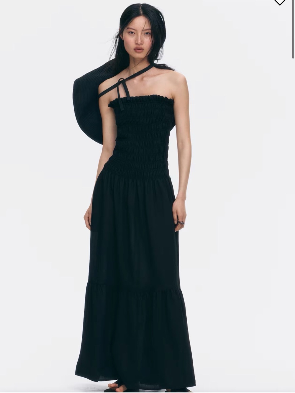 H&M Black One-Shoulder Smocked Maxi Dress with Tie Strap